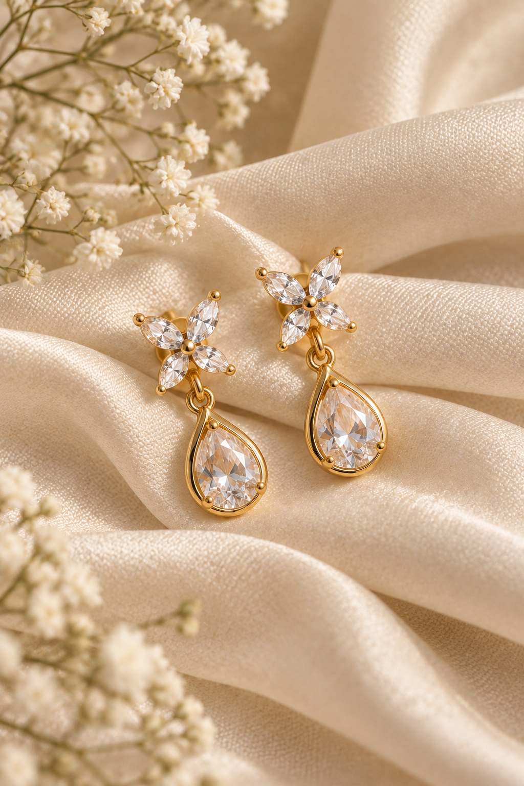 Elegant Gold Floral Drop Earrings - Image 3